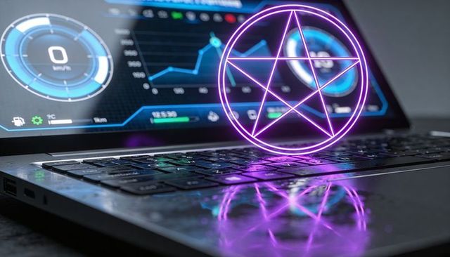 Violet pentagram hologram hovering over laptop keyboard with cyber metrics dashboard neon glow
