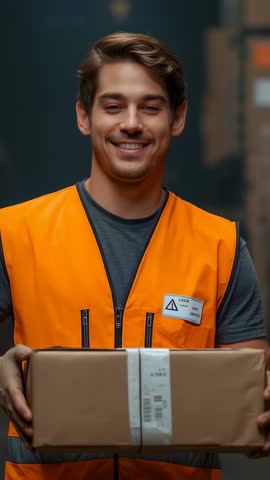 Courier Holding Package in Warehouse Aisle, Smiling Delivery Worker, Vertical Video