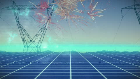 Futuristic Pylons and Fireworks with Digital Glitch Effects