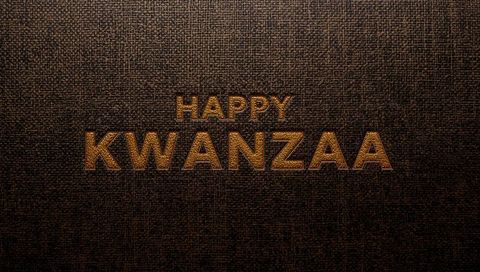 Gold beveled embossed happy kwanzaa text on dark stitched leather greeting card