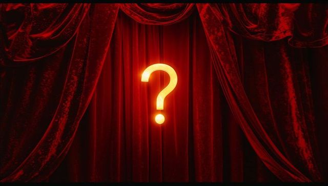 Glowing neon question mark before red curtains with dramatic spotlight