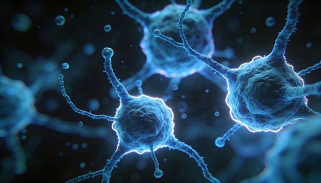 Glowing neurons transmitting signals in microscopic neural network with dendrites