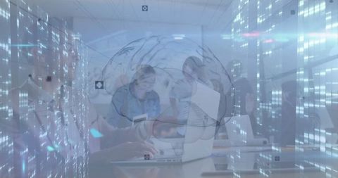 Professionals Collaborating with Futuristic Digital Overlay