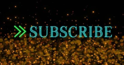 Glowing subscribe neon sign with green chevrons and golden bokeh call-to-action banner