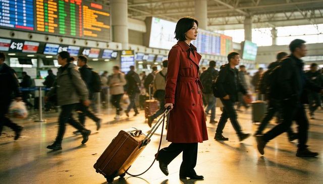 Asian businesswoman walking busy airport terminal in red trench coat pulling suitcase