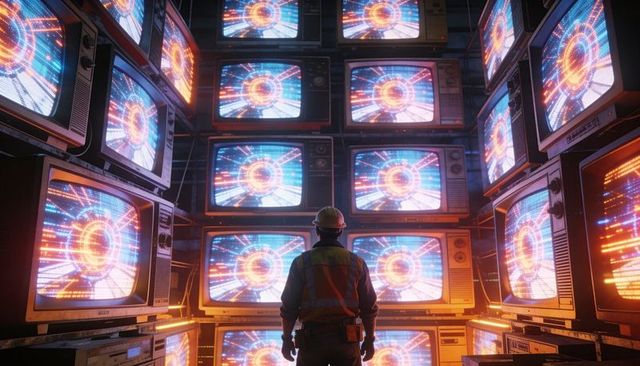 Worker facing wall of retro crt monitors displaying neon data rings, industrial futurism