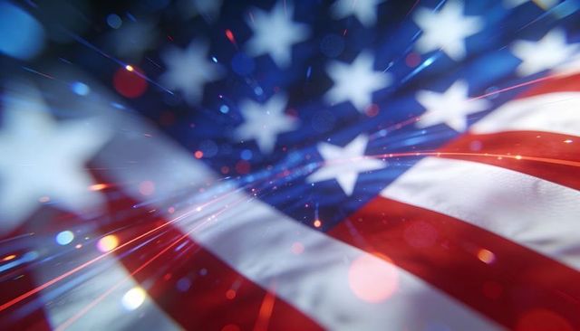 Waving american flag with fabric folds, light streaks and patriotic bokeh