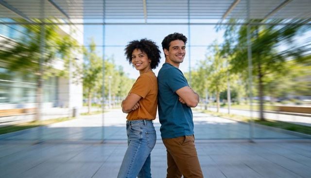 Smiling couple standing back-to-back under glass canopy in modern urban plaza