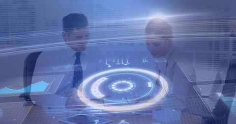 Professionals Using Holographic Charts for Data Analysis at Modern Conference