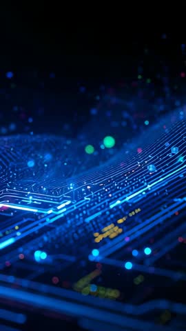 Pulsing Blue Circuit Wave Moving Over Grid with Glowing Data Nodes and Colorful Dots