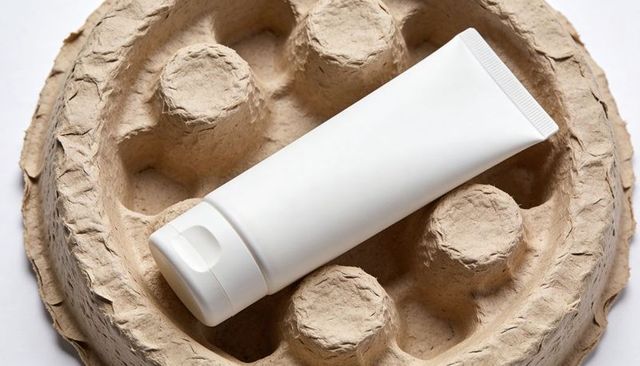 Blank white cosmetic squeeze tube resting on recycled pulp tray minimalist packaging mockup