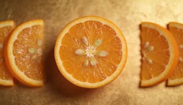 Halved orange sitting on gold background with seeds and wedges, glossy citrus flatlay