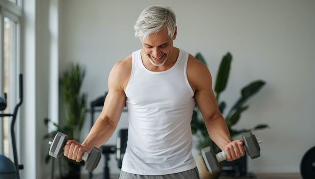 Middle-aged man exercising bicep curls in bright gym