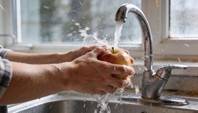 Rinsing red apple under kitchen faucet with splashing water for food safety