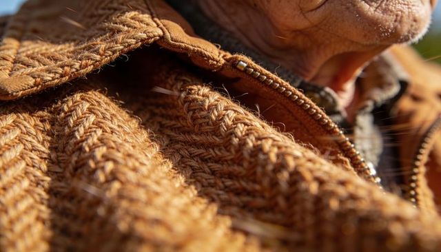Senior man wearing braided tan knit sweater and zip jacket close-up outdoor texture