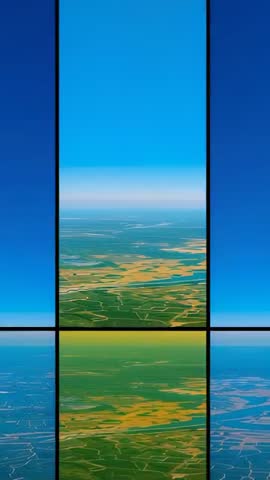 Vertical Aerial Window Reveal Showing Patchwork Farmland and River From High Altitude