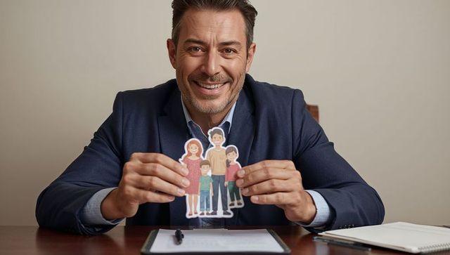 Smiling financial advisor holding paper family cutout during consultation, family protection concept