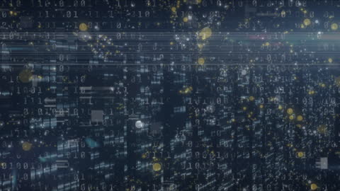 Futuristic Digital City with Overlaying Binary Code