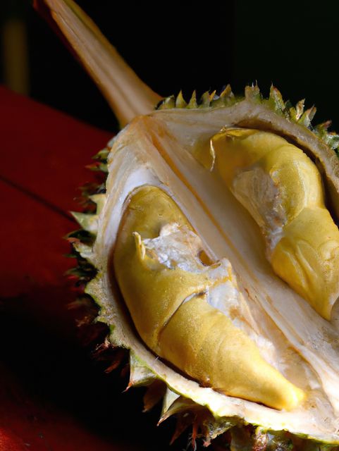 Durian fruit cut open to reveal its creamy yellowy pulp displayed on a red surface. Use this image for topics related to tropical fruit, exotic cuisine, culinary adventures, or Southeast Asian cultural representations. Suitable for blogs, food articles, or educational content about unique fruits.