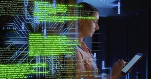 Woman Holding Tablet Tapping Stylus in Server Room with Neon Holographic Code Overlay