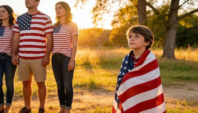 Young boy wrapped in american flag gazing upward during golden hour with family in field
