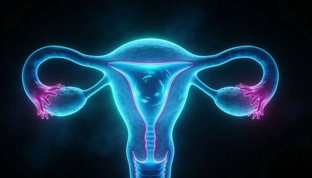 Neon glowing female reproductive system illustration uterus ovaries fallopian tubes