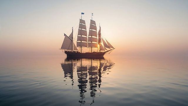 Majestic three-masted ship sailing at sunset
