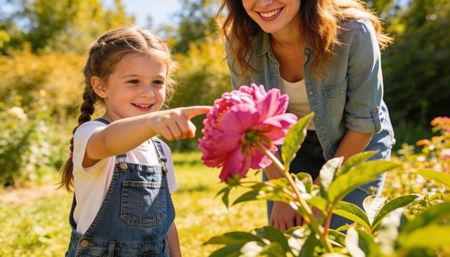 Little girl pointing at large pink peony while caregiver smiling in sunny backyard garden