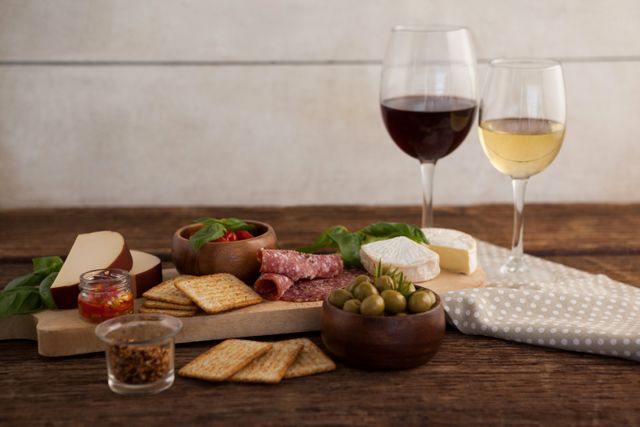 Wine and cheese platter featuring various cheeses, crackers, olives, and salami on a wooden table. Two glasses of wine, one red and one white, are placed beside the platter. Ideal for use in food and drink blogs, gourmet dining promotions, party planning materials, and culinary magazines.