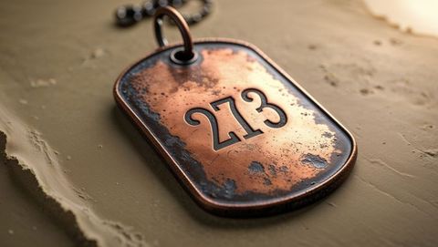 Vintage first world war copper dog tag with number 273 featuring rustic texture