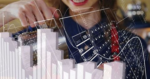 Businesswoman analyzing financial data with calculator overlay