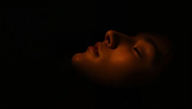 Low-key warm-lit female profile highlighting skin texture and serene expression