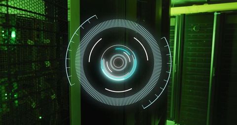 Futuristic circular interface in green server room