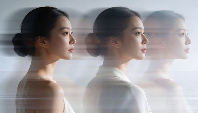 Asian woman profile with motion ghosting, layered blur and surreal portrait for tech