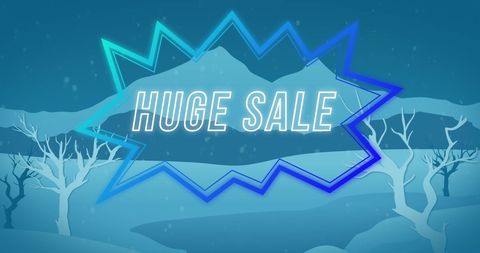 Huge sale promotion in winter landscape with neon text