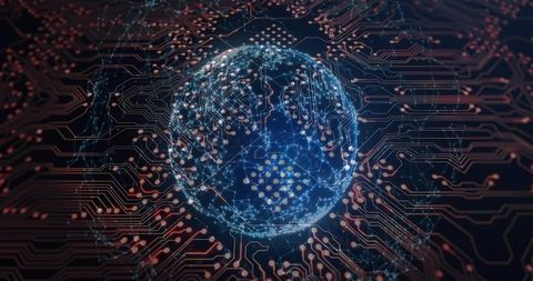 Futuristic digital globe connecting global network nodes over glowing circuit board mesh