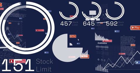 Abstract dashboard visualizing analytics with circular counters, pie chart and play badges