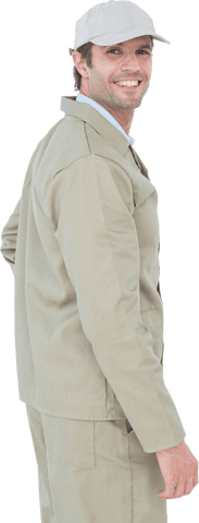 Side View Portrait of Happy Delivery Man in Uniform Transparent Background