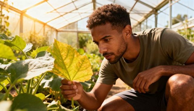 Crouching gardener inspecting yellowing leaf inside sunlit greenhouse for plant health