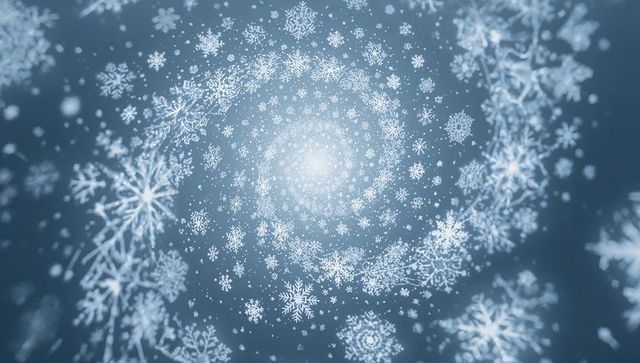 Spiraling decorative snowflakes creating luminous winter vortex with central glow
