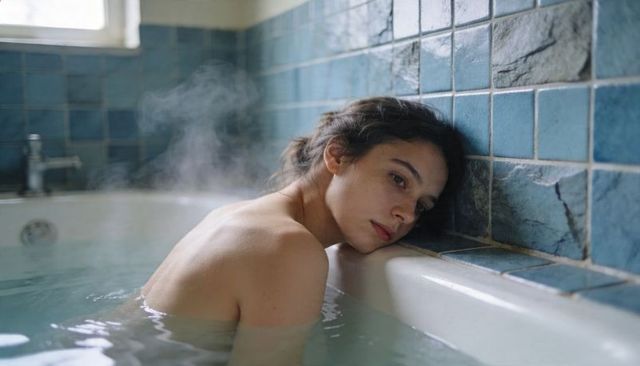 Contemplative woman soaking in steamy bathtub leaning on blue tiled rim, tranquil moment