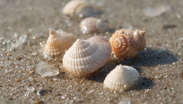 Glistening seashell cluster on wet sand with sea glass and water droplets macro beach texture