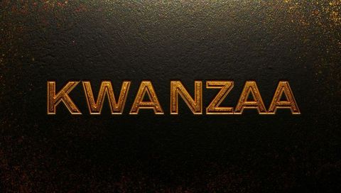 Kwanzaa gold 3d embossed metallic typography on dark textured backdrop with gold flecks