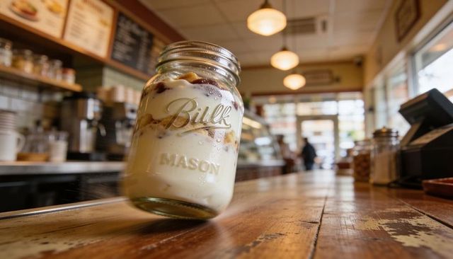 Spinning ball mason jar with creamy yogurt and berry compote on rustic cafe counter