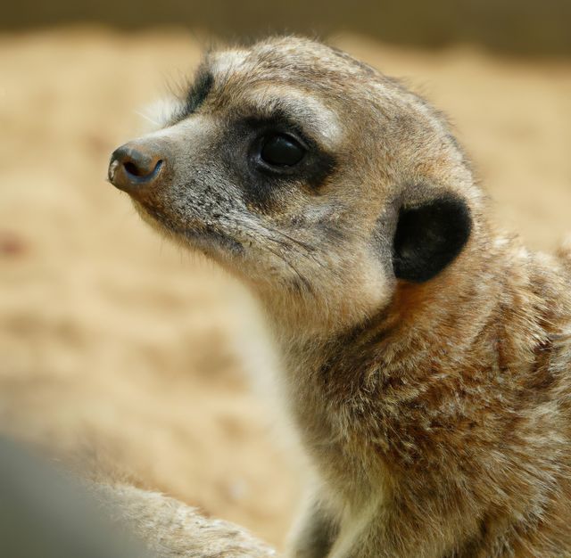 Close-up of an alert meerkat, showcasing detailed fur and expressive eyes against a desert sand background. Ideal for nature and wildlife publications, educational content, or as a focal image depicting animals in their natural habitats. Suitable for use in articles about African wildlife, animal behavior, or environmental conservation.