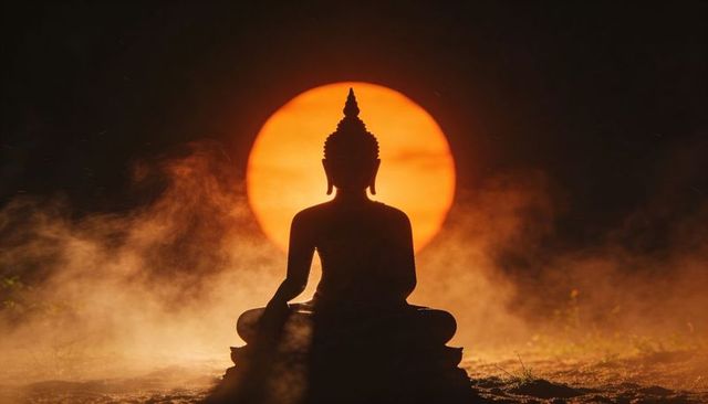 Silhouetting buddha statue meditating in lotus posture against glowing sunrise and mist