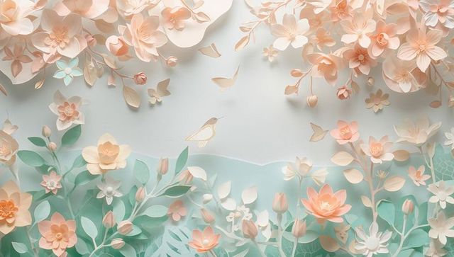 Pastel papercut floral backdrop featuring mint foliage, peach blooms and delicate bird