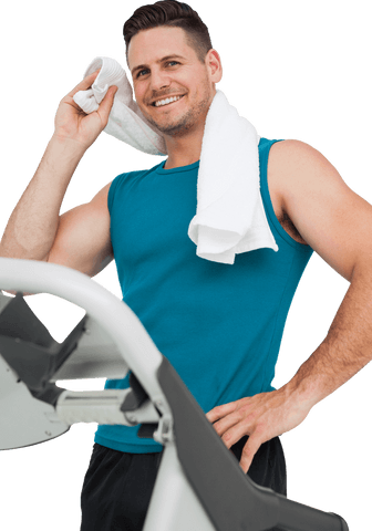 Fit Young Man Using Treadmill Wearing Blue Shirt on White Background