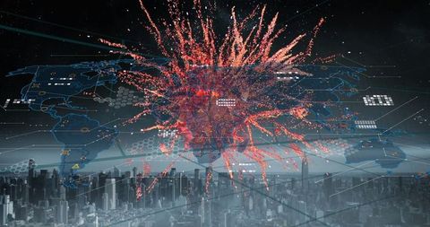 Digital Particles Radiating Over Urban Skyline with Holographic World Map