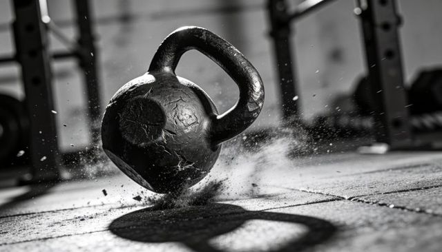 Worn cast-iron kettlebell crashing into rubber mat, granules flying, gritty motion impact